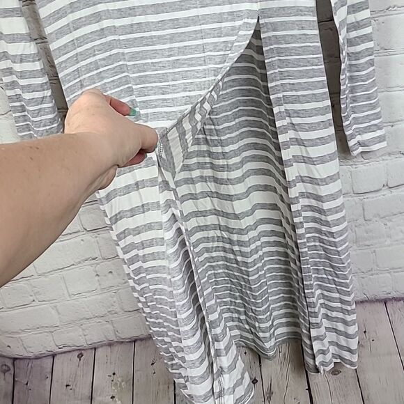 Love on a Hanger M/L Grey Striped Maxi Top Long Side Slit Tunic Casual Tee Shirt - Picture 8 of 12